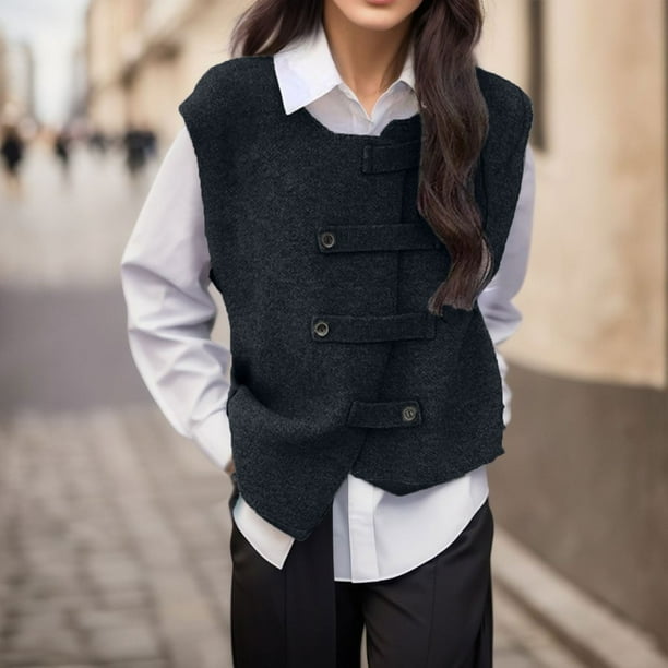 nsendm Womens Coat Adult Female Clothes Shiny Trench Coat Women Vest Knitted Sleeveless Pullover Top Casual Retro Ladies Dress Vest Black Size One
