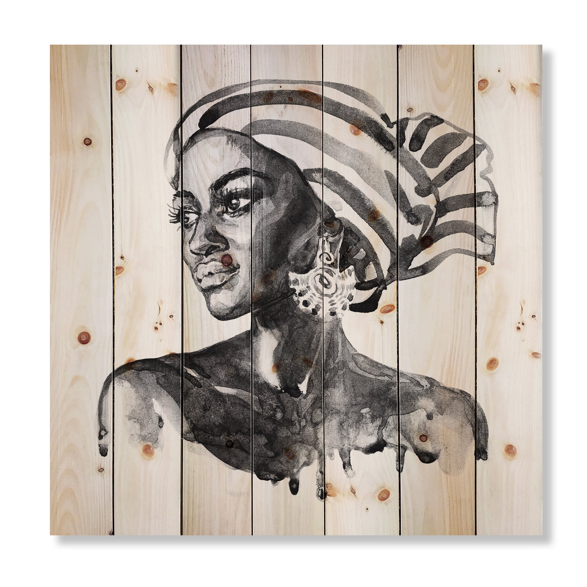 Designart 'Portrait of Afro American Woman XII' Modern Print on Natural Pine Wood