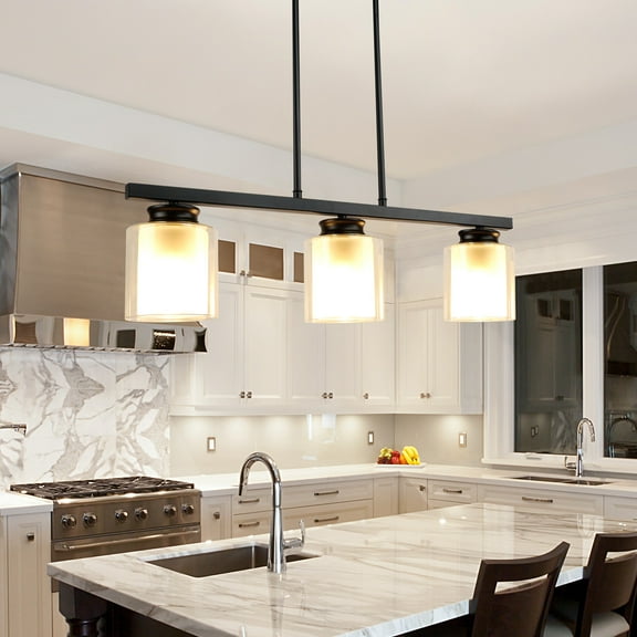 Depuley 3 Light Glass Pendant Light Industrial Kitchen Island Light Dimmable LED Matte Black Farmhouse Semi Flush Mount Ceilinglight for Living Room Dining Patio, E26 Socket