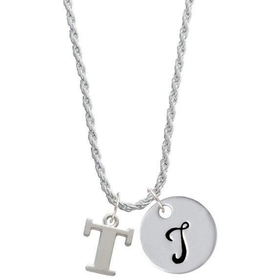 Delight Jewelry Silvertone Large Initial - T - Silvertone Script Initial Disc - T - Charm Necklace, 20"+3"