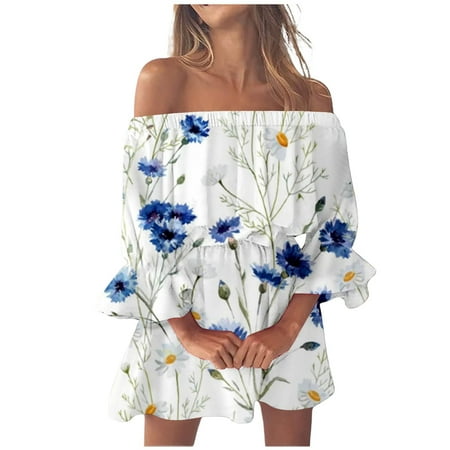 Blphud Beautiful Dresses for Women plus Size Dress for Women Casual Summer Dresses for Women Beach Sexy Off Shoulder Summer Casual Loose Fit Floral Dress Dresses Hot Pink XL