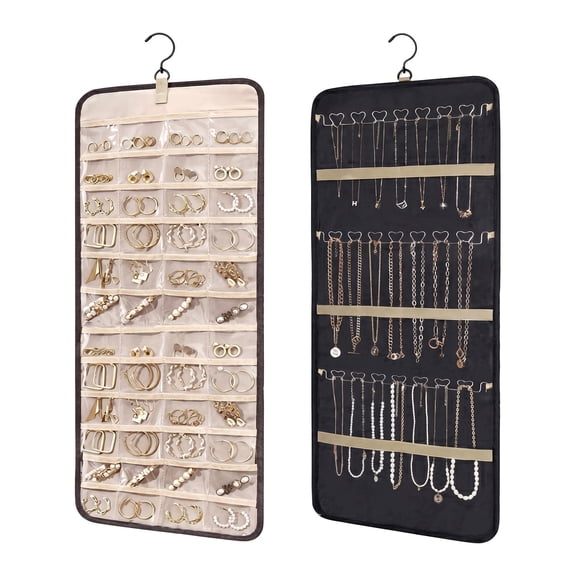 Hanging Jewelry Organizer – Necklace Holder Anti-Tangle with 24 Jewelry Bags, Earrings Rings Hanger, Travel Storage Roll with Pockets, Hang on Closet Wall Door – Large, Black