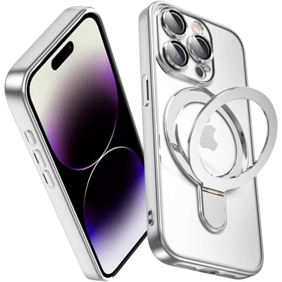 Clear iPhone 14 Pro Max Case with Magnetic Stand [Compatible with MagSafe] [Invisible Ring Holder] Soft TPU Full Camera Shockproof Protection Cover for iPhone 14 Pro Max Phone Case Silver