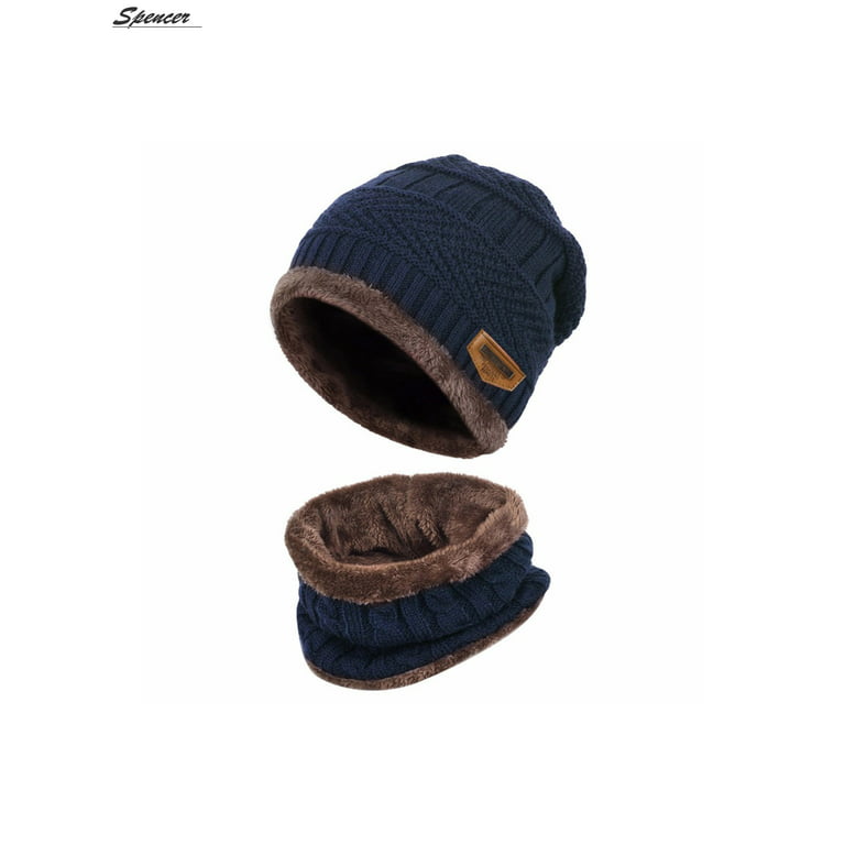 Spencer 2Pcs Winter Beanie Hat Scarf Set Lined Warm Knitted Hat Thick Skull  Cap for Men Women Blue 