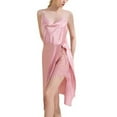 thumbnail image 4 of Defitshape Women's Silk Nightgown Summer Chemise Knotted Lace Satin Pajama Dress Drape Neck Backless High Slit Knee Length Sleep Dress Spaghetti Straps Lingerie Flounce Flowy Pink Blush X-Large, 4 of 5