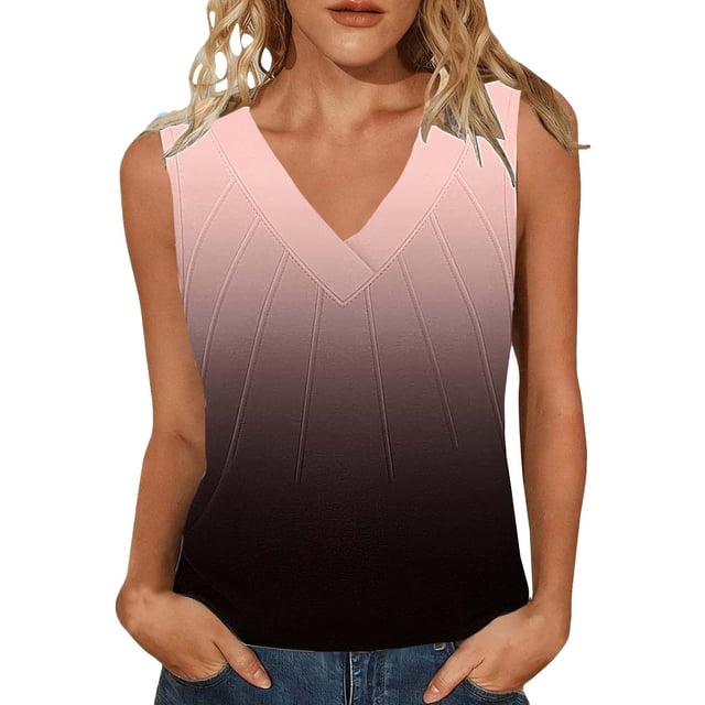 Mujeres sin mangas Tops de verano gradiente color fuera de posición impresión V-cuello blusa casual Mujeres V-cuello de verano Tops