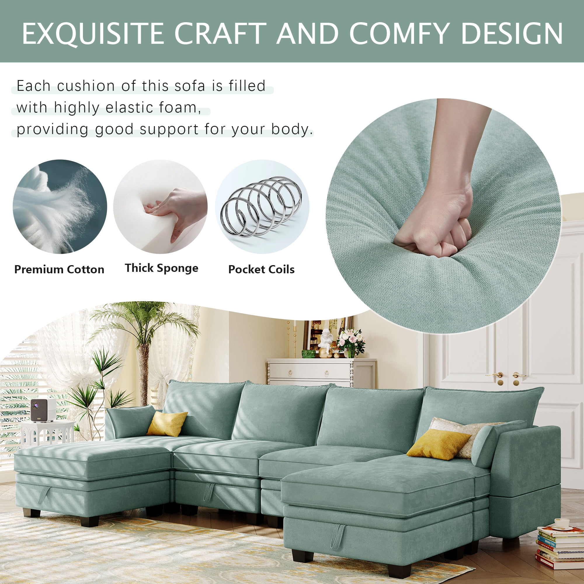YYAo Modern Large U-Shape Modular Sectional Sofa, Reversible Sofa Bed with Storage Seat for Living Room, Light Green YYAo Modern Large U-Shape Modular Sectional Sofa, Reversible Sofa Bed with Storage Seat for Living Room, Light Green