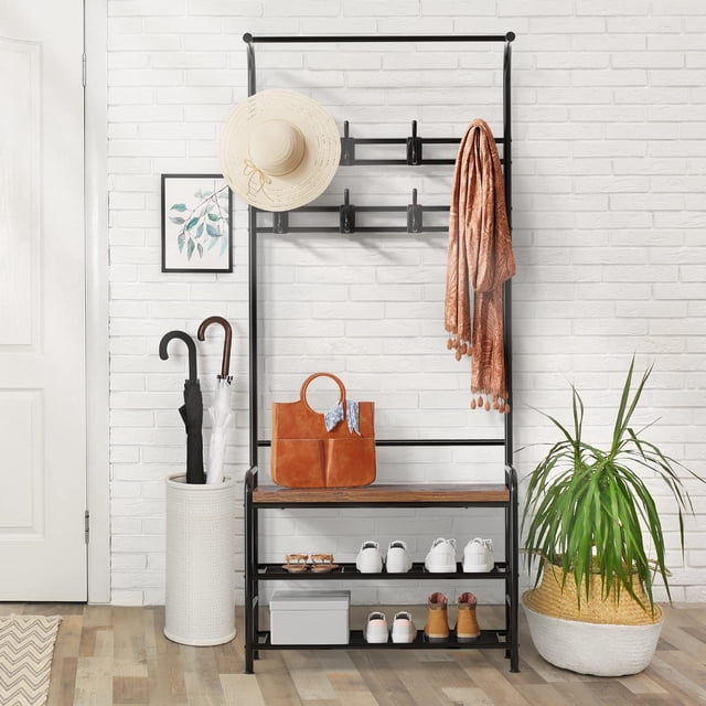 Coat Rack, Hall Tree with Shoe Bench, Steel Frame, Entryway Bench Coat Rack with a Hanging Rod, 3-Tier Shelf and 8 Hooks for Entryway