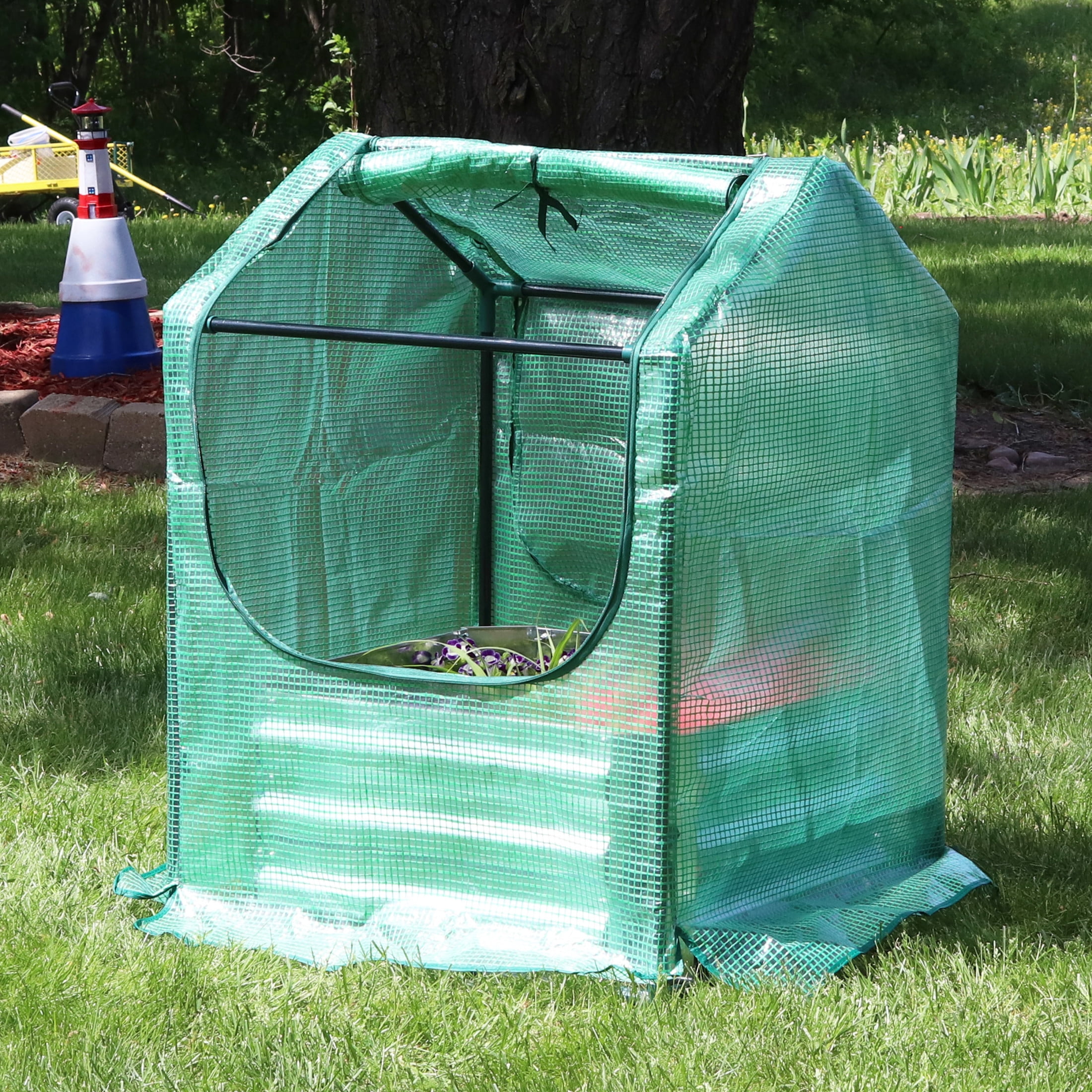 Sunnydaze 2' x 2' x 3' Outdoor Mini Greenhouse with Metal Raised Garden Bed, Green