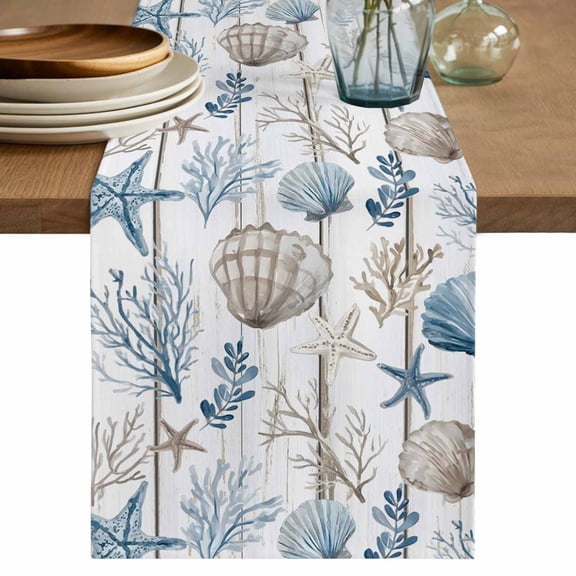 Ocean Coastal Table Runner 72 Inches, Ocean Nautical Coral Shells Wooden Grain Bed Runner Dresser Scarves Tabletop for Indoor Outdoor Parties/Ceremony/Banquet, 18" x 72"