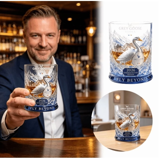 Grey Goose Frozen Flight Edition Whiskey Glass Cup - Grey Goose Frozen Flight Edition Collectible Frosted Glass Tumbler, Premium Blue and Silver Embossed Rocks Glass