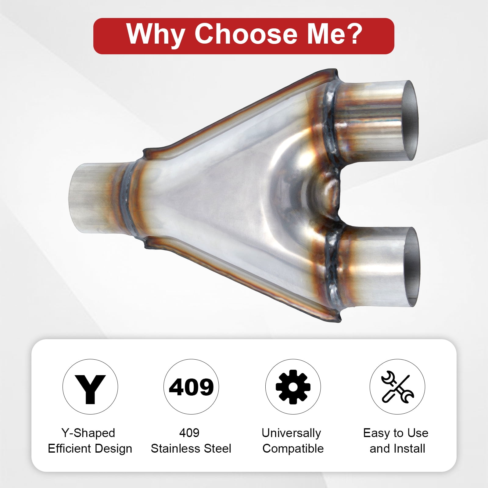 Universal Exhaust Y Pipe, 2.5" Inlet 2.5" Outlet, 10" Total Length, Stainless Steel Weld-On Exhaust Pipe Adapter/Crossover Tube, Fits Most Vehicles