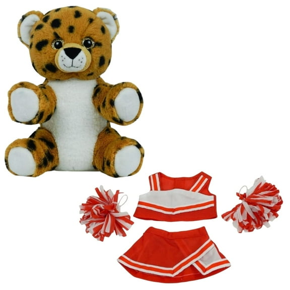 Cheetah Plush Toy with Red Cheerleader Outfit – 16-Inch Soft Wild Cat Stuffed Animal Cheering Costume, Great Gift for Cheerleading Fans and Animal Lovers