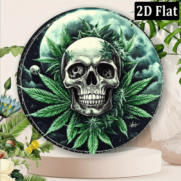 Vintage Day of the Dead Skull Wall Art with Leaf & Mystical Moon Design – Unique Aluminum Home & Office Decor, Easy to Hang, Perfect for Bedroom, Kitchen, Dining, and Bar, Funky Home Decor 8*8in