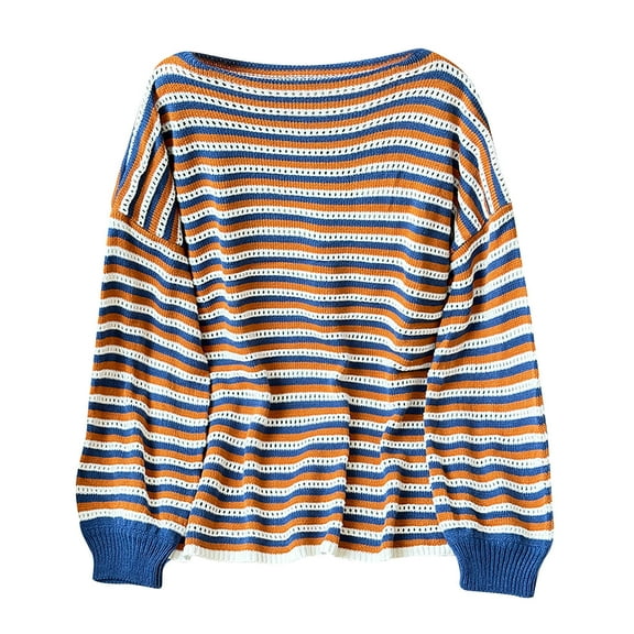 Craaazy Fall Sweaters For Women Stripe Hollow Out Knit Pullover Long Sleeve Knitted Tops Gifts