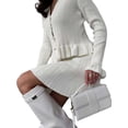 thumbnail image 3 of Women'S Two-Piece Knit Set Long Sleeve V-Neck Sweater with Ruffle Hem Mini Skirt Loungewear White M, 3 of 7