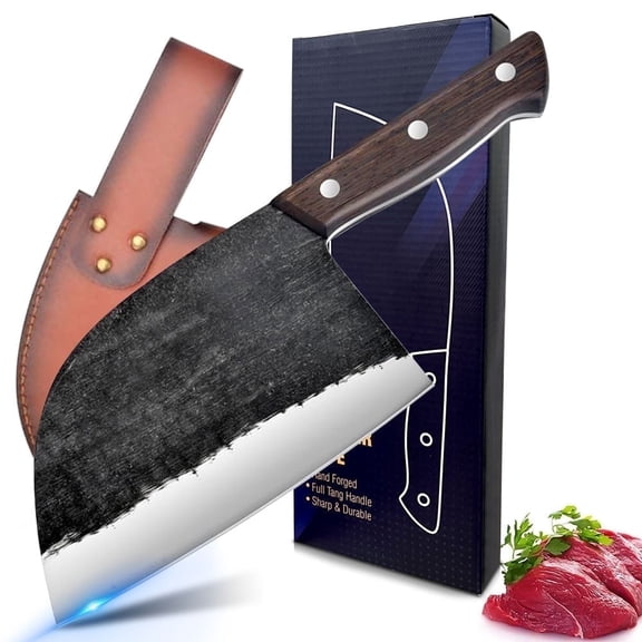 7" Meat Knife High Carbon Steel Serbian Knife Heavy Duty Cutting Cleaver Knife KItchen Butcher with Leather Sheath,for Restaurant Outdoor BBQ