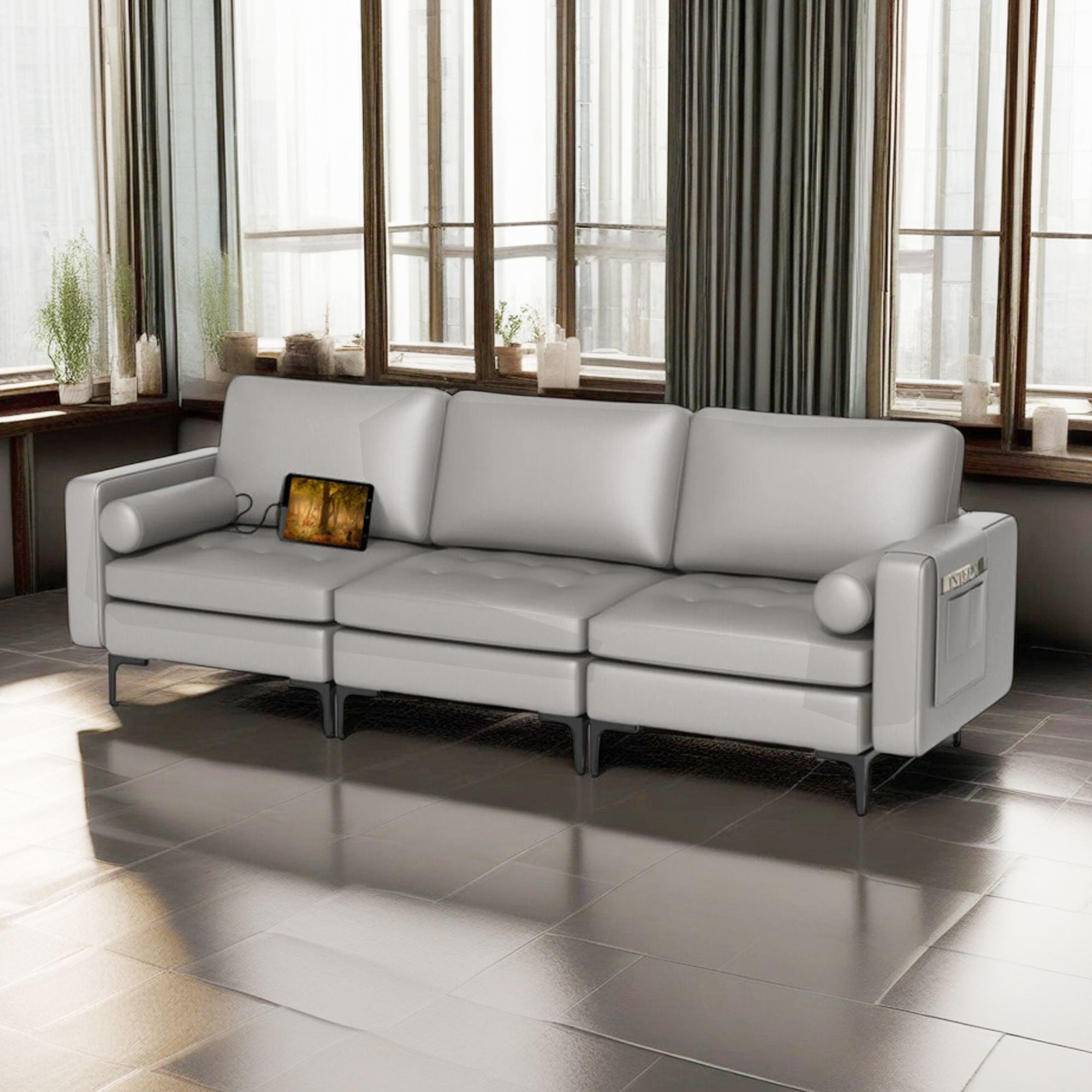 Demi Bonn 97" Modular 3-Seat Sofa Couch with Socket USB Ports and Side Storage Pocket for Living Room, Bedroom, Light Gray