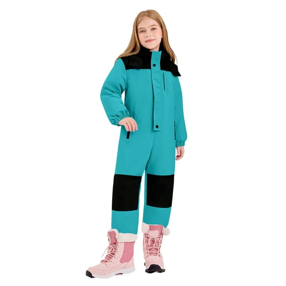 Pxkloy Waterproof Snowsuit Kids Patchwork Windproof Thermal Hooded Jackets Outdoor Ski Snow Play Siamese Onesie Winter 2025 Fashion Overalls Light Blue,7-8Years