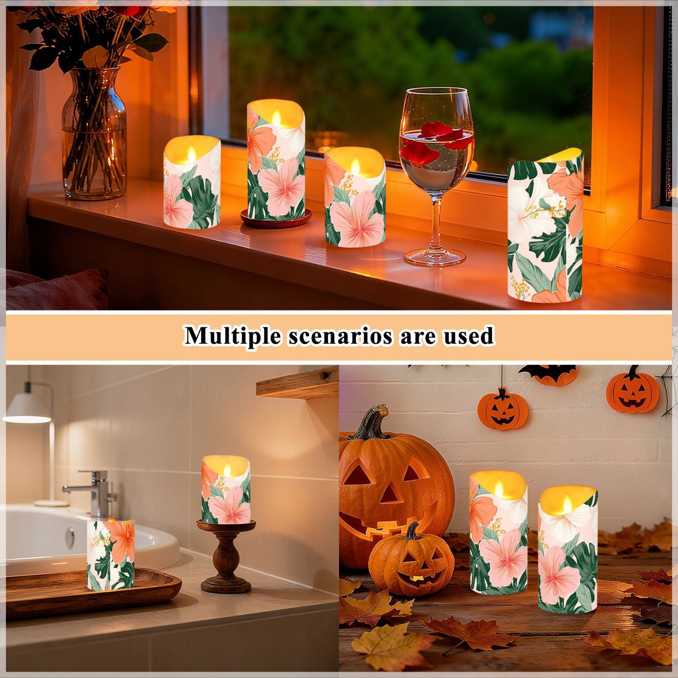 Colorful Hibiscus Florals Palm Leaves Hawaii Flickering Flameless Candles with Remote Timer Battery Operated LED Tealight Set of 2 M