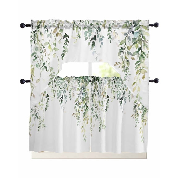 Eucalyptus Leaves Kitchen Curtains Set for Windows 3 Piece Cafe Curtains 36 Inch Length Swag Curtains Valances and Tier Set Botanical Weeping Spring Summer Drapes for Bedroom Bathroom Living Room