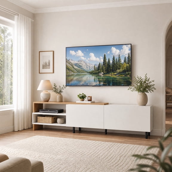 Modern TV Stand for 80" TVs, Entertainment Center Media Console with Storage Shelves and Cabinets, White