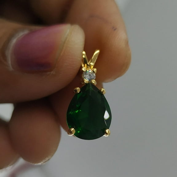2.00Ct Pear Cut Lab-Created Green Emerald Pendant Necklace | 14K Yellow Gold Plated Sterling Silver | Teardrop Charm with Free 18" Chain