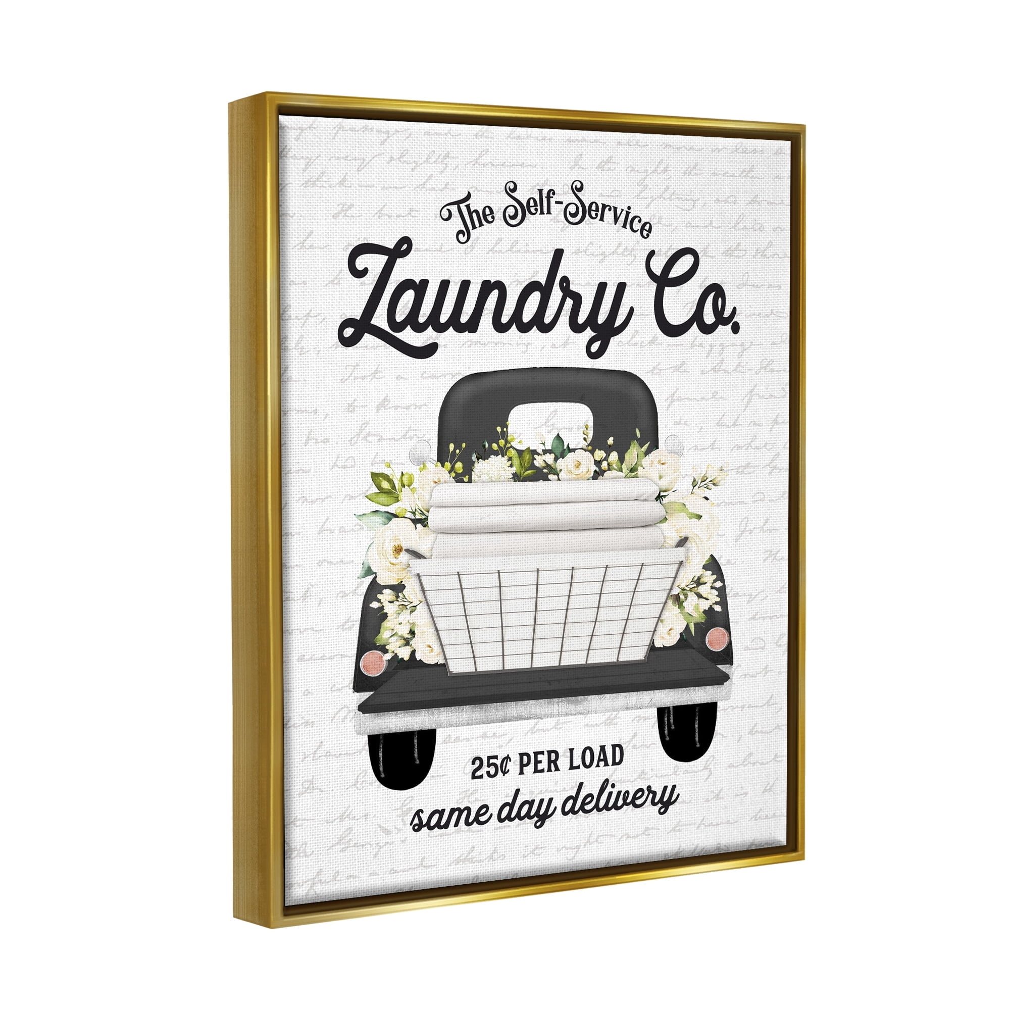 Stupell Industries Laundry Co. White Flower Bouquet Truck Service Graphic Art Metallic Gold Floating Framed Canvas Print Wall Art, Design by Lettered and Lined