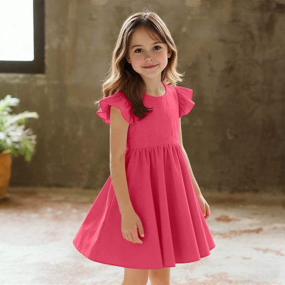 BRGZLK Girls Summer Cotton Dresses Sweet Solid Color Round Neck Tie-Back Bow Ruffle Short Sleeve Midi Dresses Casual A-Line Sundress for Wedding Party Red 5-6 Years