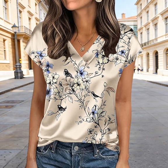 YueHuiYing Women's Silk Satin Tops Summer Color Block Short Sleeve Blouses V-Neck Graphic T-Shirts Trendy Vacation Outfits 2026