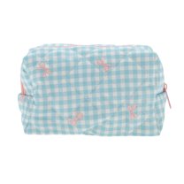 Unique Bargains 1 Pc Plaid Bow Makeup Bag for Travel Vacation Polyester Blue
