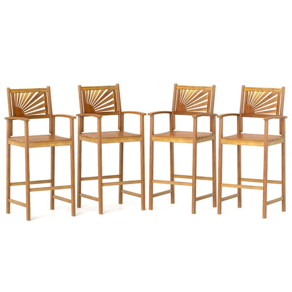 Gymax Set of 4 Outdoor Acacia Wood Bar Stools Bar Height Patio Chairs w/ Backrests