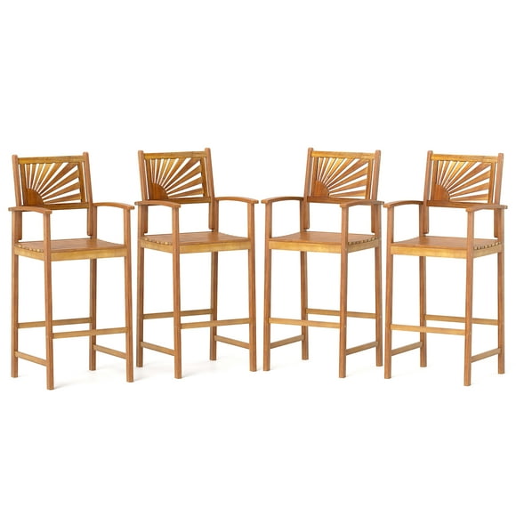 Gymax 4PCS Patio Acacia Wood Bar Stool Pub Bar Chair w/ Footrest Outdoor Indoor