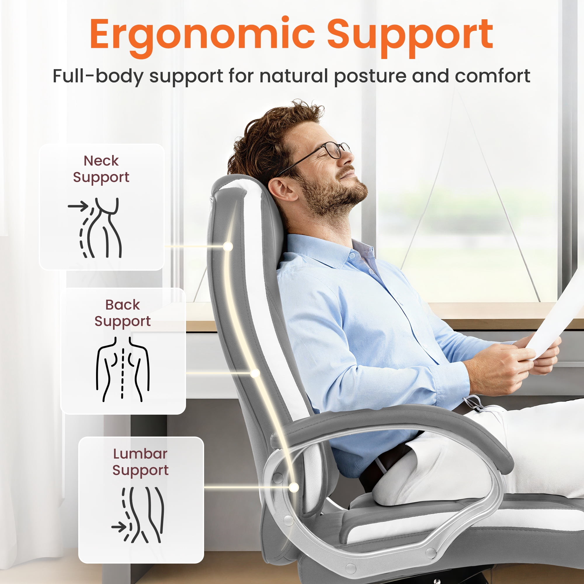 NEO CHAIR Home Office Chair, Heavy Duty Leather Office Chair, Ergonomic High Back Cushion Lumbar Back Support, Computer Desk Executive Chair for Work, 8 Hours Comfort, Gray