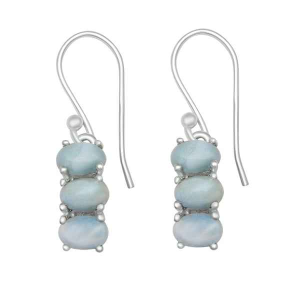 7X5mm Oval Shape Larimar 925 Sterling Silver Three Stone Mother's Day Gift Earrings