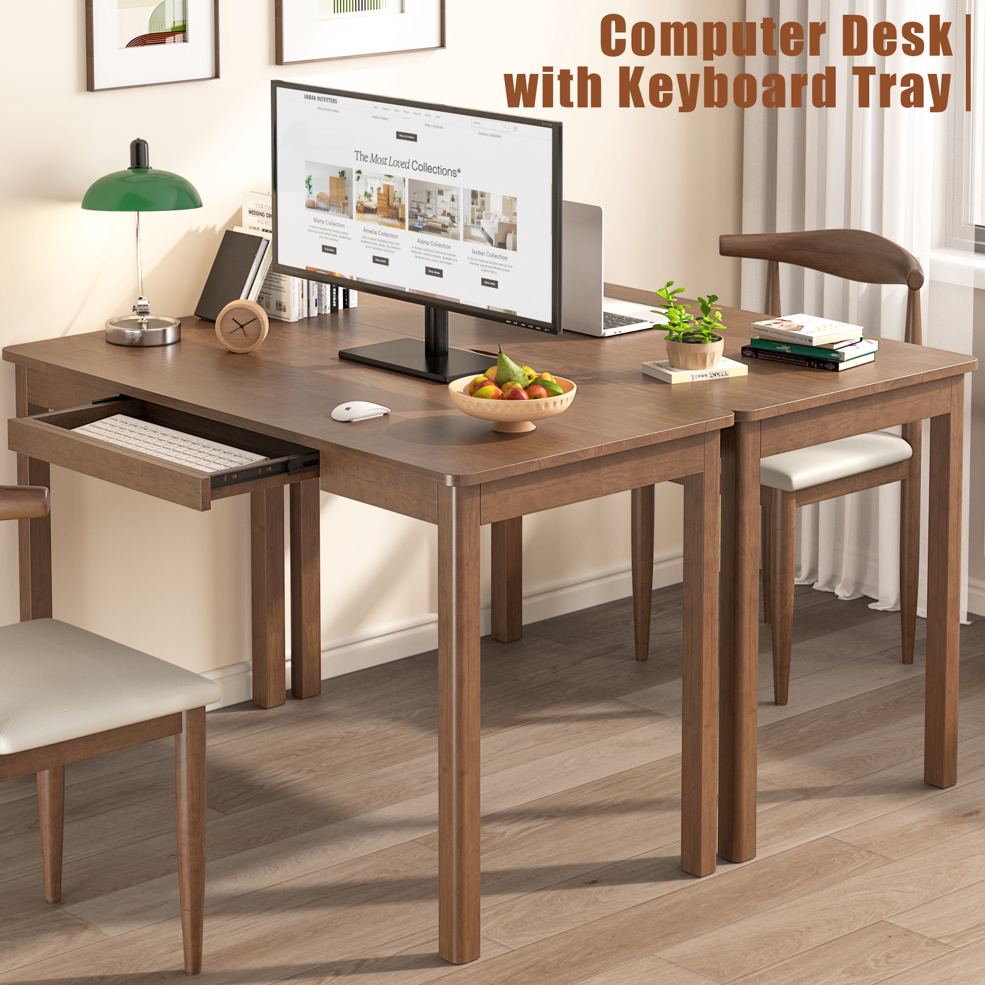 BESKADI 100% Solid Wood Desk with Keyboard Tray - 48 x 24 Inch Computer Desk with Keyboard Tray, Mid Century Modern Writing Desks, Simple Study Table Home Office Desks for Small Spaces|Bedroom-Walnut