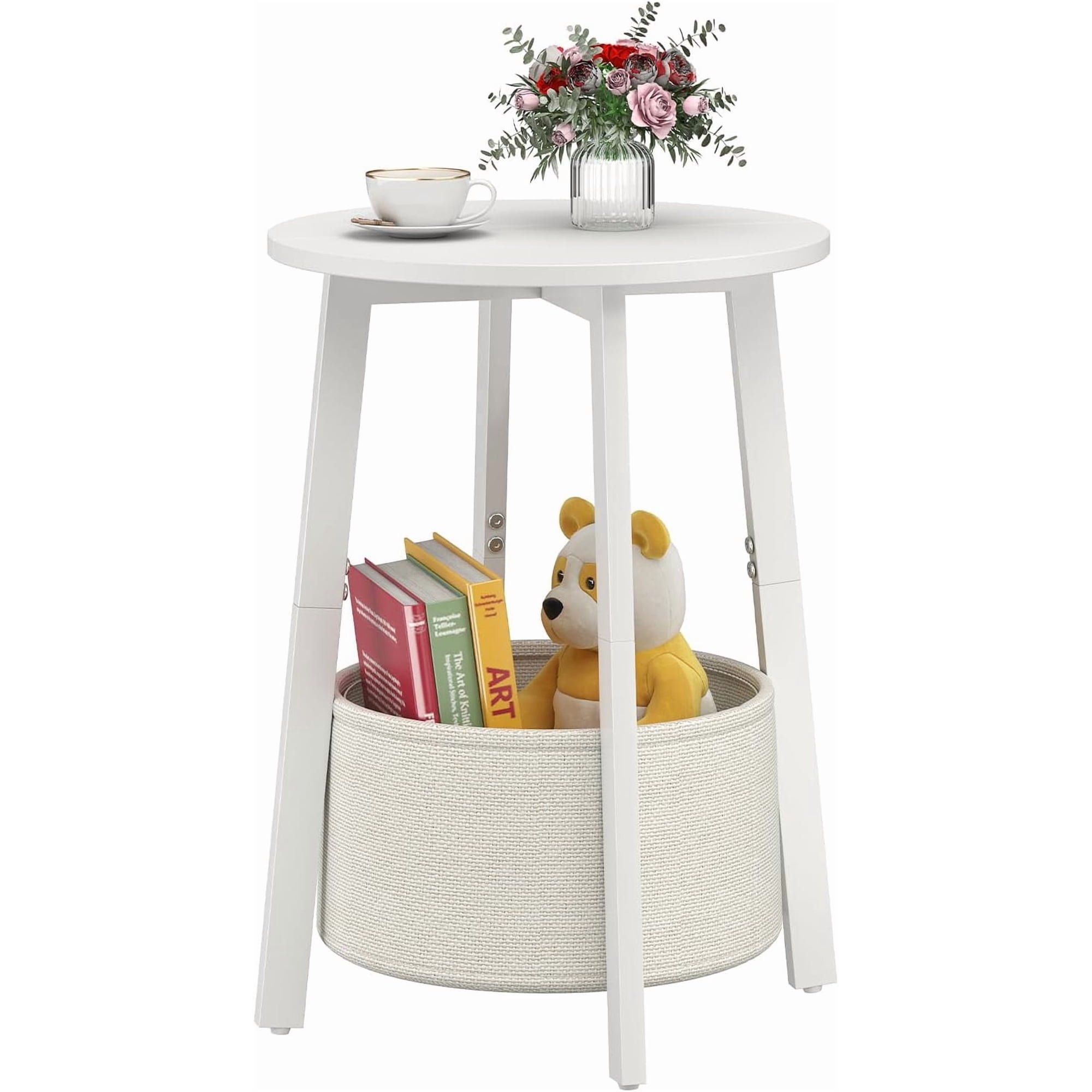 Small Round Side End Table with Cloth Storage Basket Round Bedside Sofa Couch Coffee Tables for Small Places with Metal Frame Modern Nighstands for Living Room Bedroom White