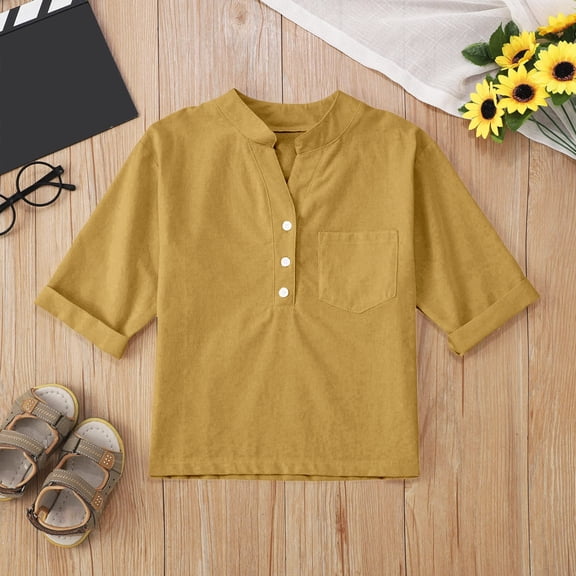 SNKSDGM Fourth of July Girls T Shirts Linen Shirts for Girl 3/4 Sleeve V Neck Blouses Buttons Loose Fit T Shirts Solid Color Summer Holiday Tops Shirts for Girls 9-10 5-6 Years