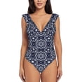 thumbnail image 2 of Yiaed Geometry Flower Print Women's Ruffled One Piece Swimsuit V Neck Swimwear Slimming Monokini for Woman-X-Large, 2 of 8