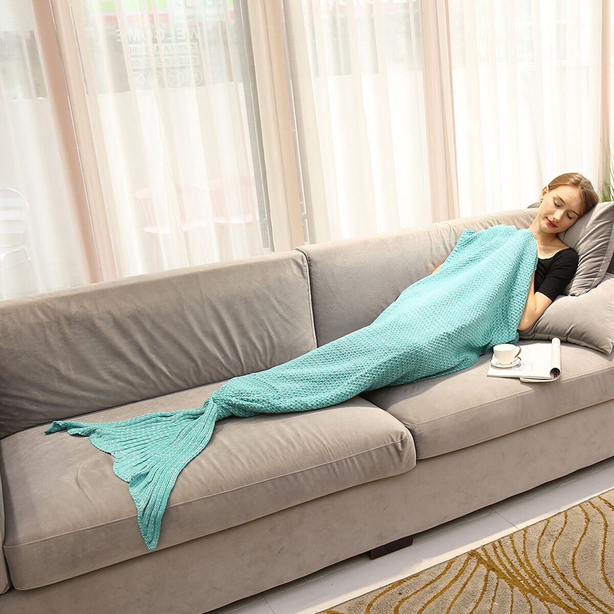 Warm and Soft Cozy Mermaid Tail Living Room Blanket Sofa Throw Couch Sleeping Bag for Kids Adult Teens Pink