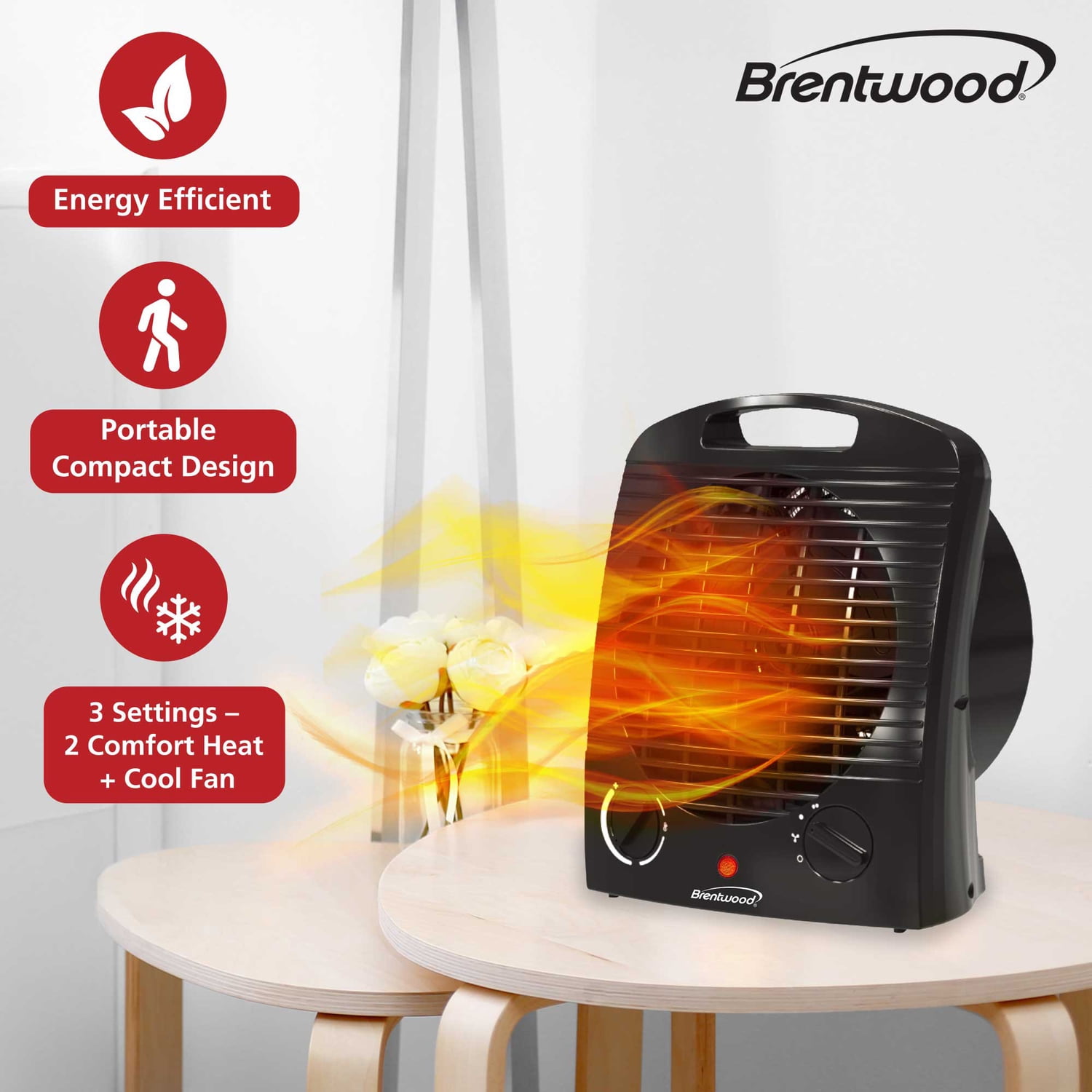 Brentwood 1,500-Watt-Max Portable Electric Space Heater and Fan, Black, H-F306BK
