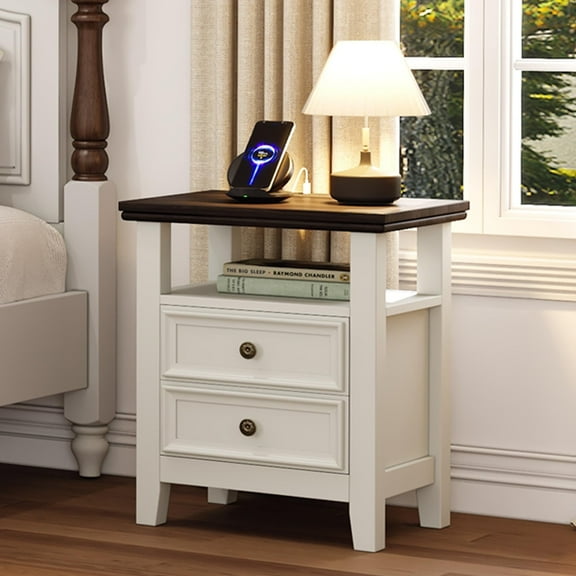 Farmhouse Nightstand with Charging Station, Antique White End Table with 2 Drawers & USB Ports for Bedroom, Living Room