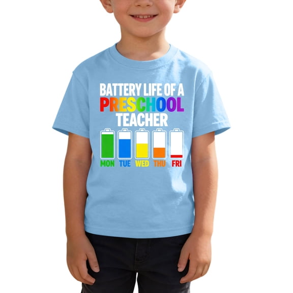 Boys Funny Teacher T-Shirt, Preschool Battery Life Humor Graphic Tee for Kids, Cotton Blue Shirt, Back to School & Teacher Appreciation Gift, Kids to Youth Sizes,Size 7 T