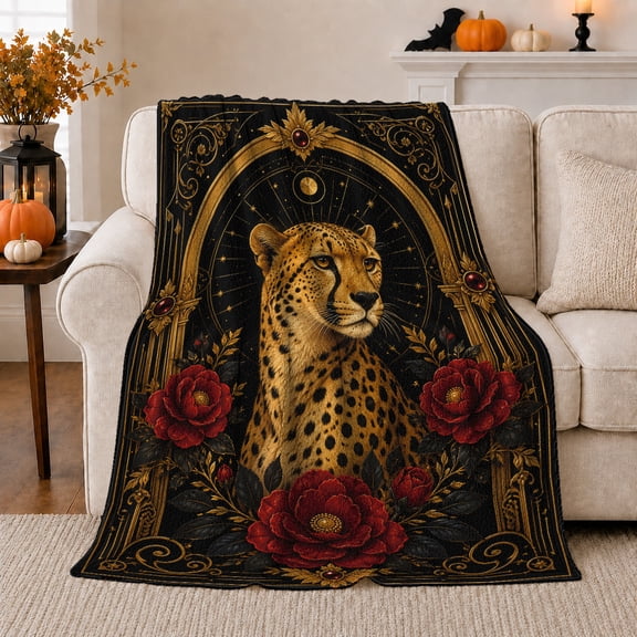 Cheetah Portrait Golden Floral Frame Regal Wildlife Style, Dramatic Botanical Garden Scene, Warm Flannel Blanket for Cabin and Lodge, Wildlife Lovers Valentine's Day Gift, Celestial Home Decor
