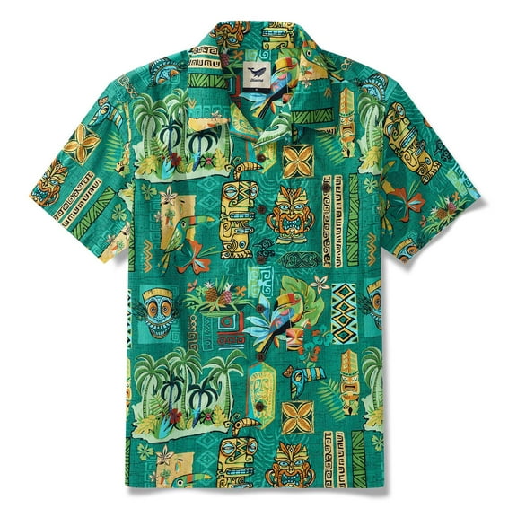 YIUME Tiki Hawaiian Shirt for Men Green Short Sleeve Button Down Aloha Shirts for Luau Party