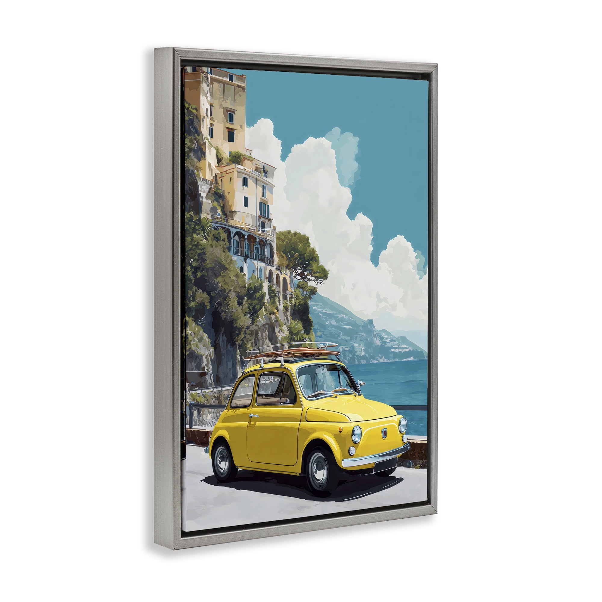 Stupell Industries Yellow Car on Coast Gray Framed Floater Canvas Wall Art, design by Petal Prints Design