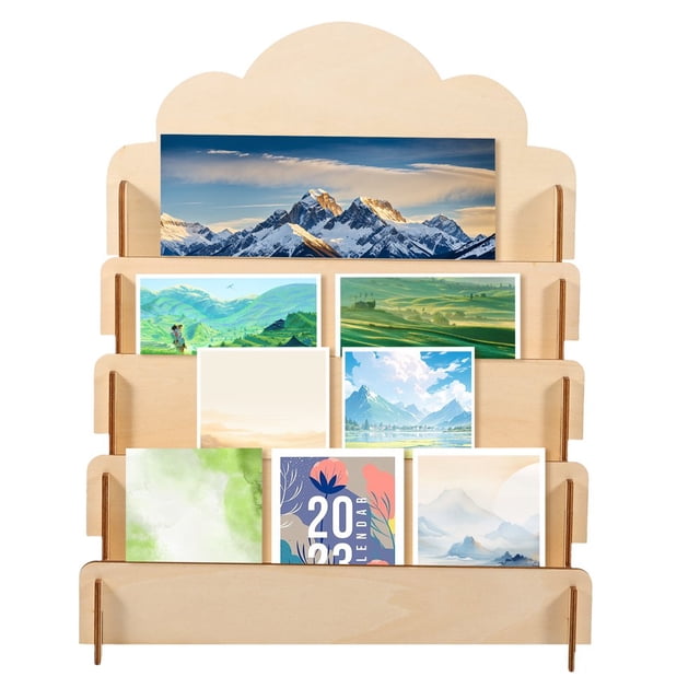 EIGTHTAIL Wood Card Display Stand 4 Layer Greeting Card Display Stand Wood Card Display Rack Removable Card Organizer Rack Multifunctional Sticker Display Stand for Postcard Brochure Phot