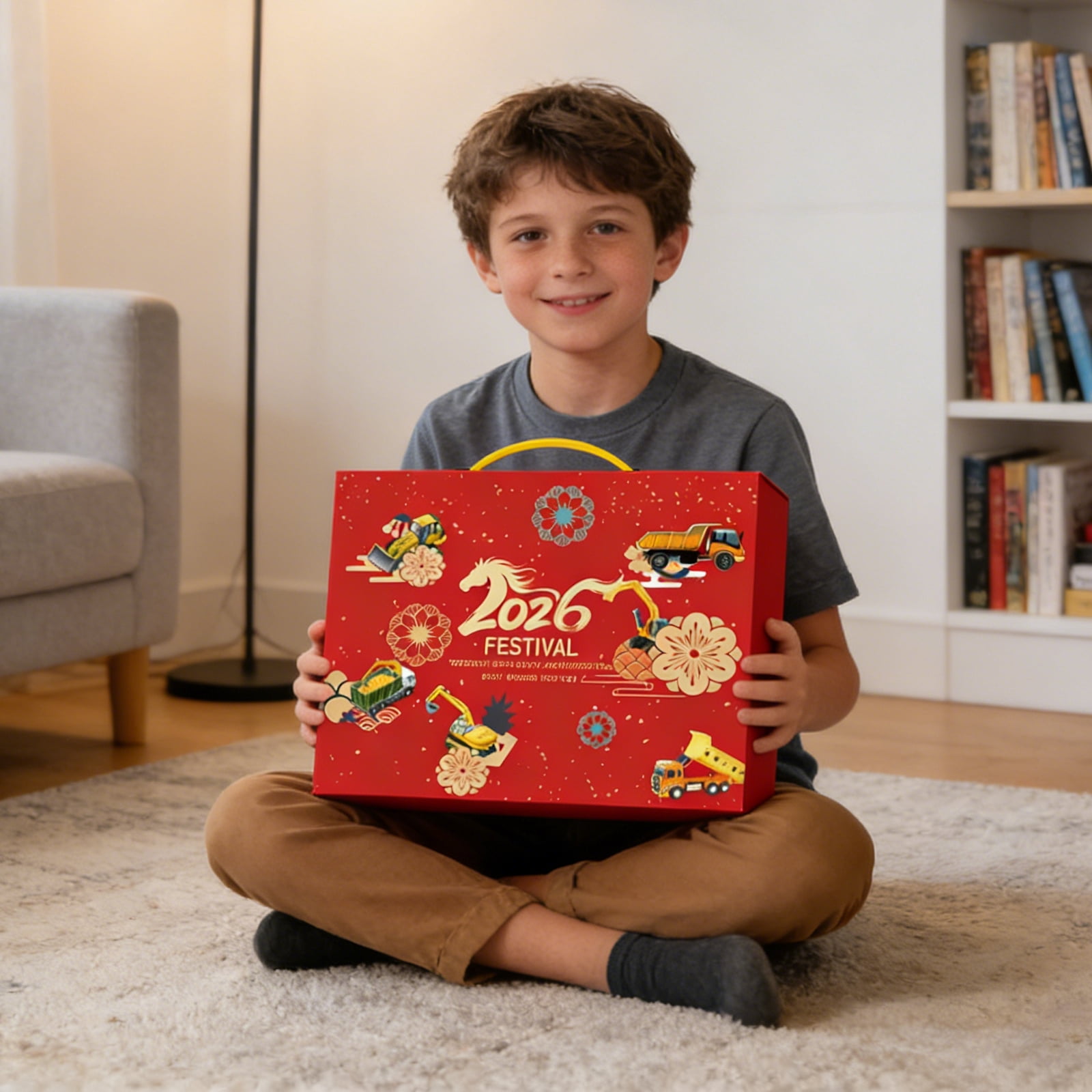 Engineering Vehicle Toy Blind Box - 17 - Grid Surprise Box with 4 Red Packets & 13 Toys, Red Aircraft - Shaped Gift Box, Boys, Girls for Christmas, Birthday, Party Favors
