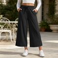 thumbnail image 2 of Women's Wide Leg Cropped Pants, High Waisted Loose Pants with Elastic Waist, Side Slit & Pockets, Beach Vacation Summer Wear | VerBelle,Black L, 2 of 8