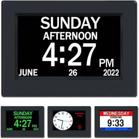 DST Clock with Day and Date for Elderly-3 Display Digital Calendar Alarm Day Dementia Alzheimers Clock with Extra Large Display (7in Black)